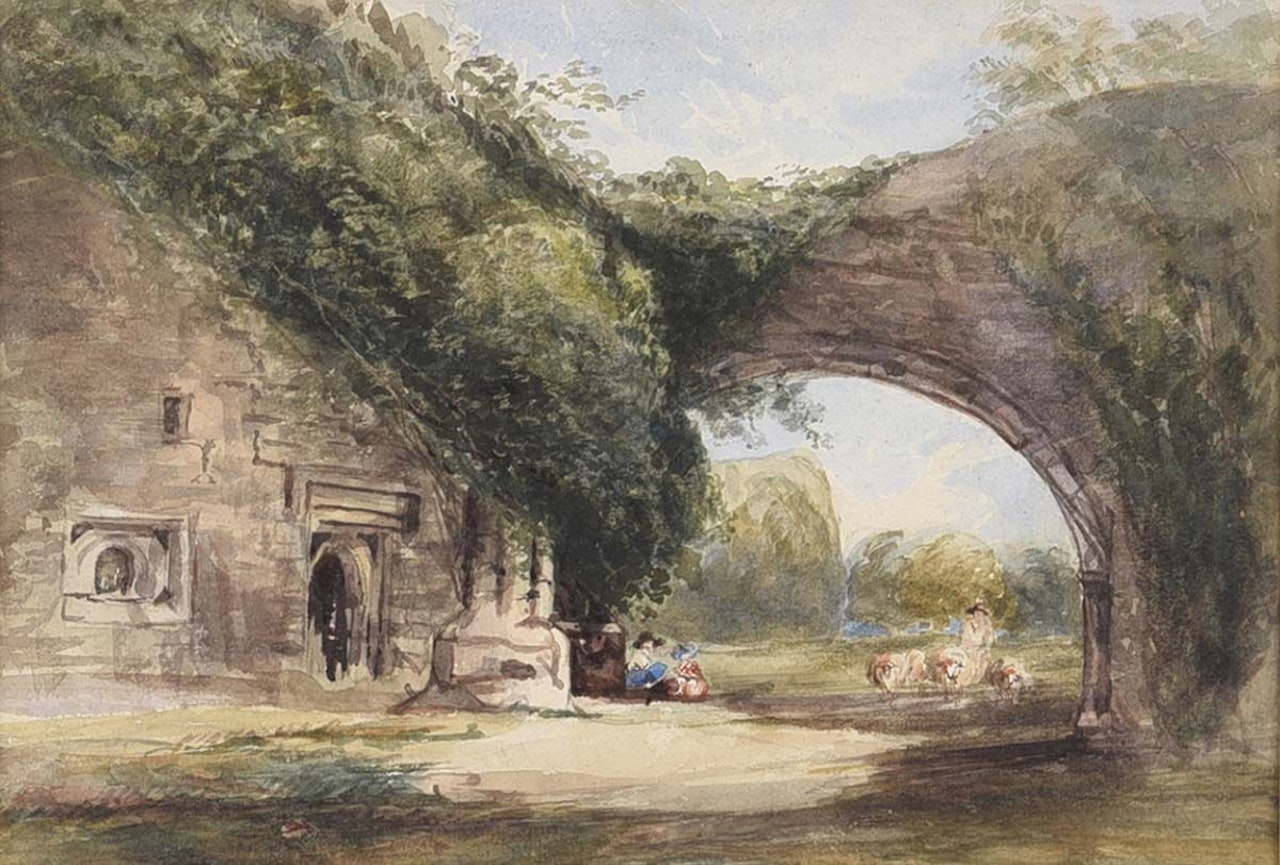 "SITTING BELOW THE OLD STONE BRIDGE" by English School