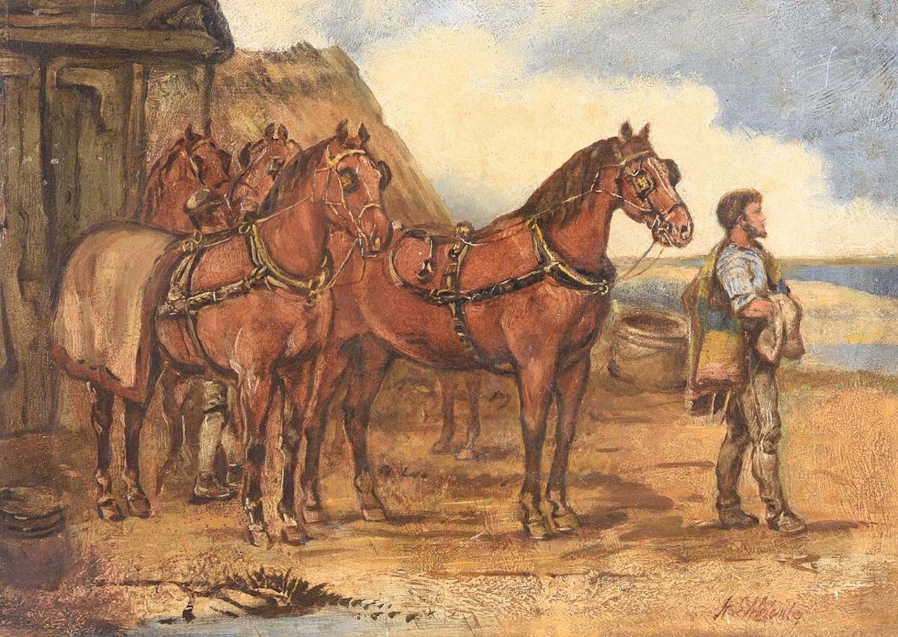 "FARMER WITH WORKING HORSES" by English School