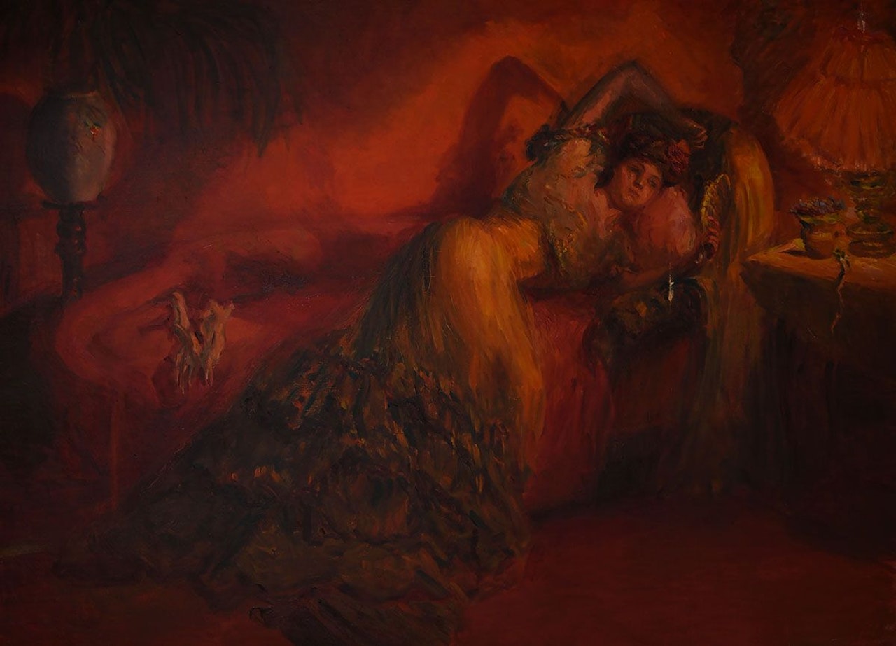 "RECLINING LADY WITH A HAND MIRROR" by English School