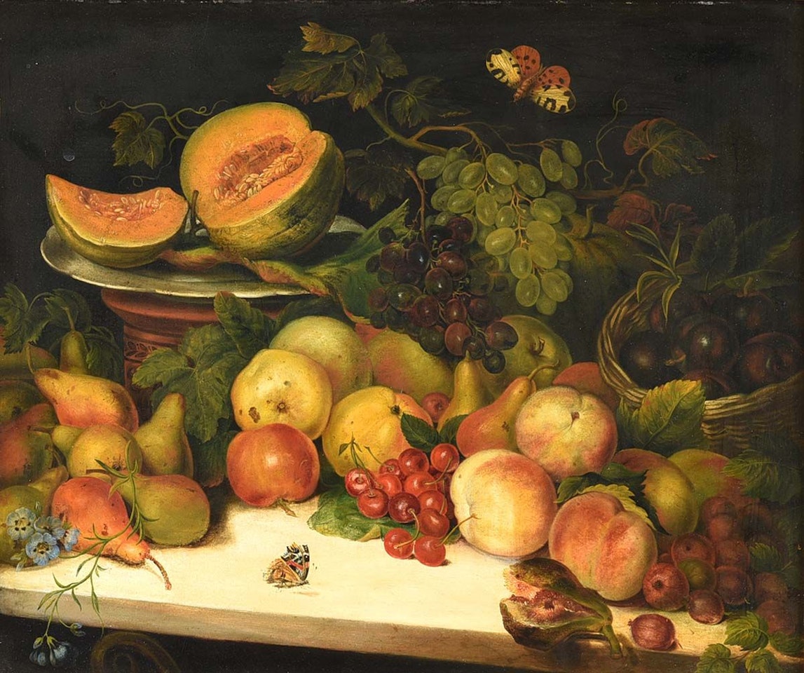"STILL LIFE, BUTTERFLY AND FRUIT" by English School