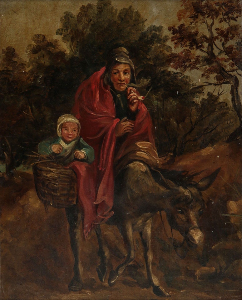 "OIL LADY ON A DONKEY WITH A CHILD" by English School