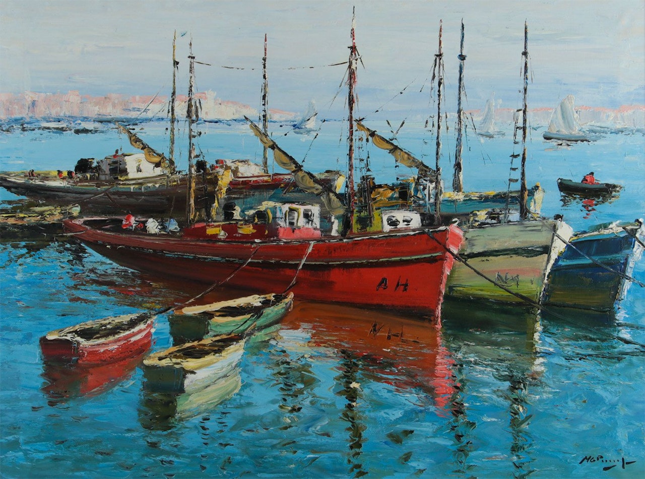 "FISHING BOATS IN A HARBOUR" by Continental School
