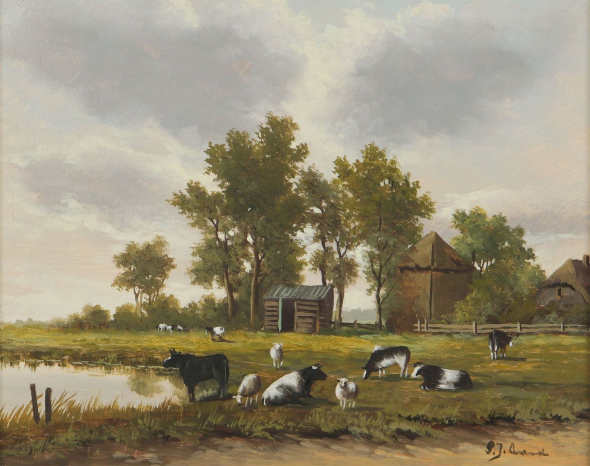 "CATTLE AND SHEEP GRAZING" by English School