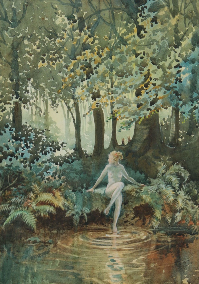 "FEMALE NUDE BY A POND IN THE FOREST" by English School