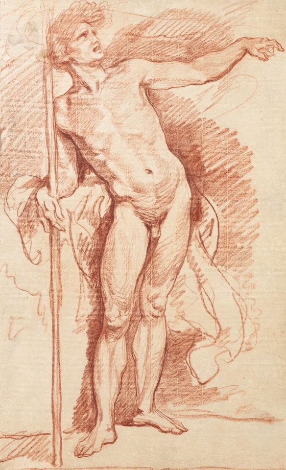 A standing male nude looking to the right, his left arm outstretched by Jean-Baptiste Greuze