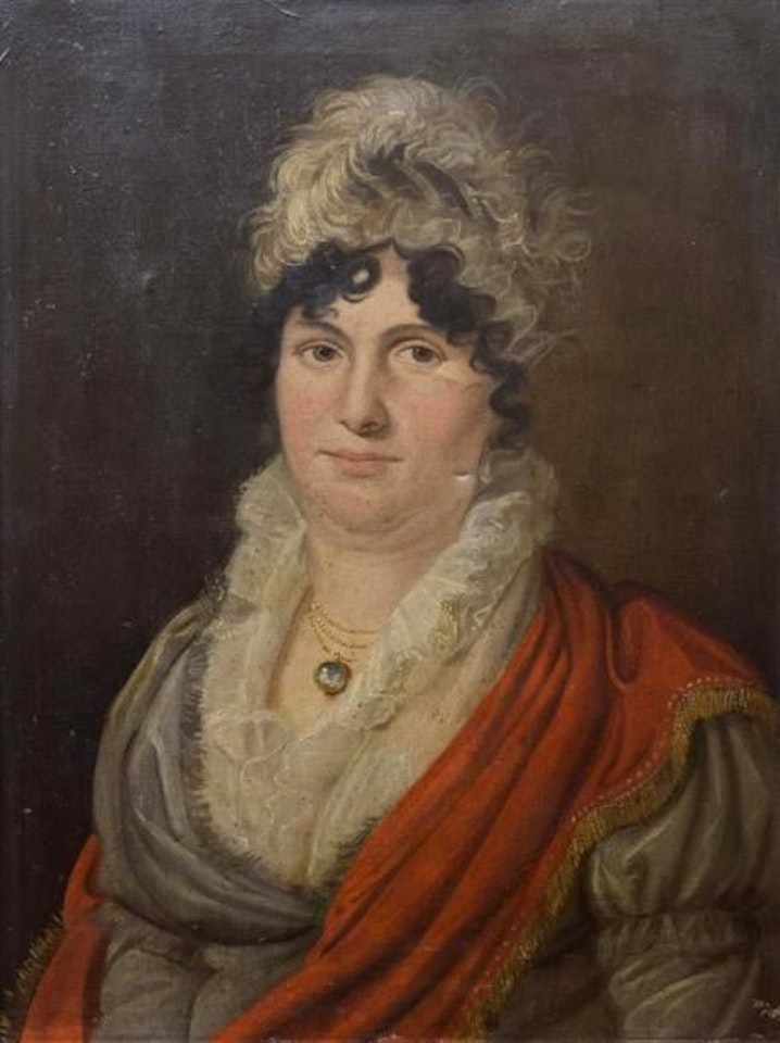 Portrait of a woman with a red shawl and cameo by French School
