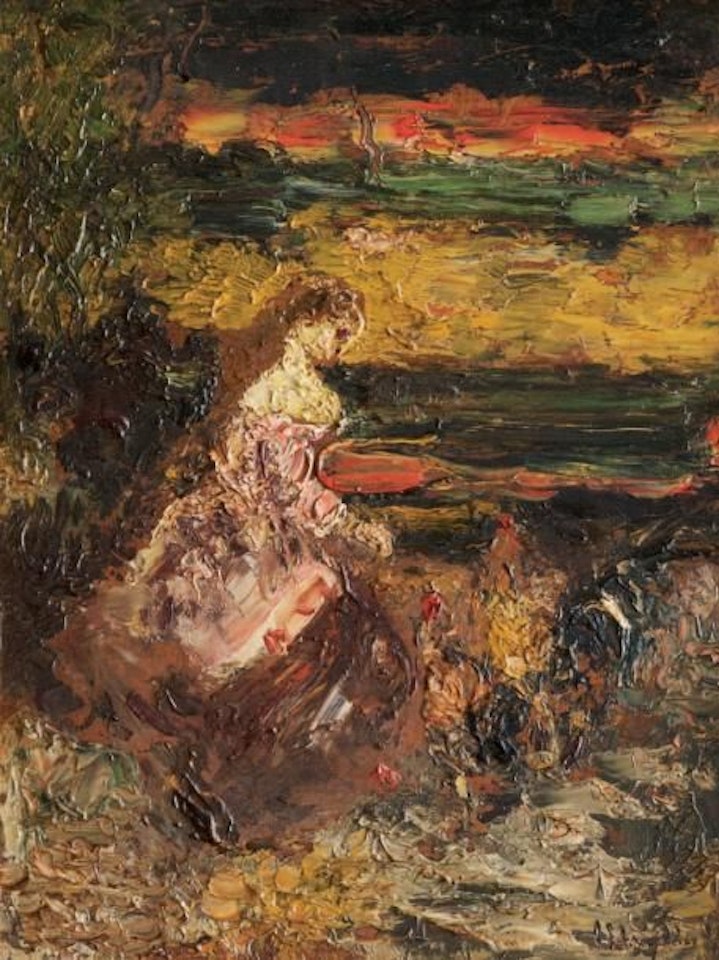 Woman feeding chickens and rooster by Adolphe Monticelli