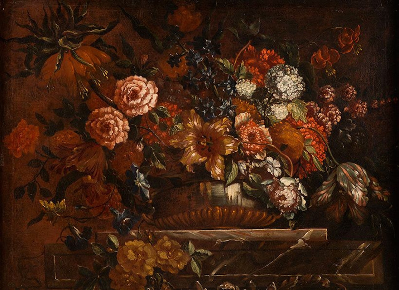 Vase of flowers on an entablature by Italian School