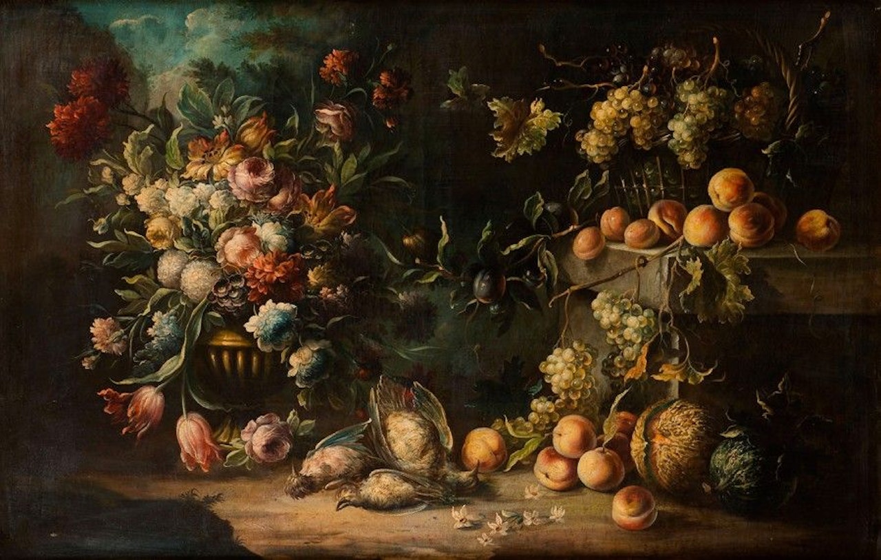 Bouquet of flowers and basket of fruit by Italian School