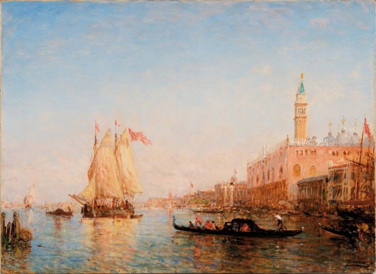 Gondolas and sails in front of the Doge"s Palace in Venice. by Félix Ziem
