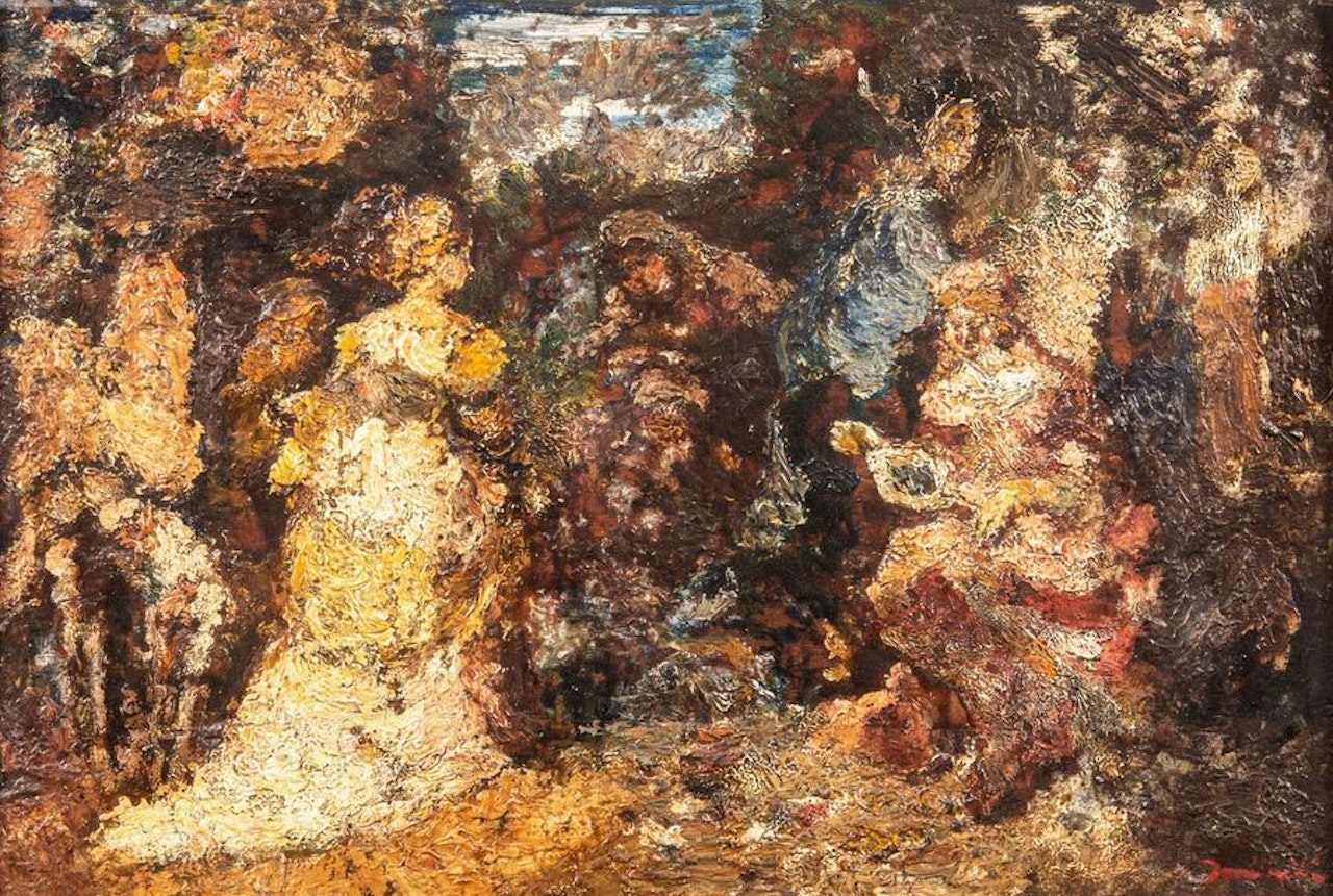 Park scene with three elegant ladies by Adolphe Monticelli