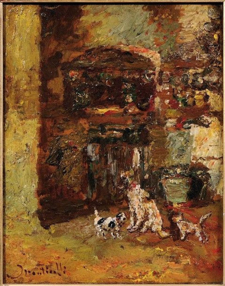Three dogs in a park. by Adolphe Monticelli