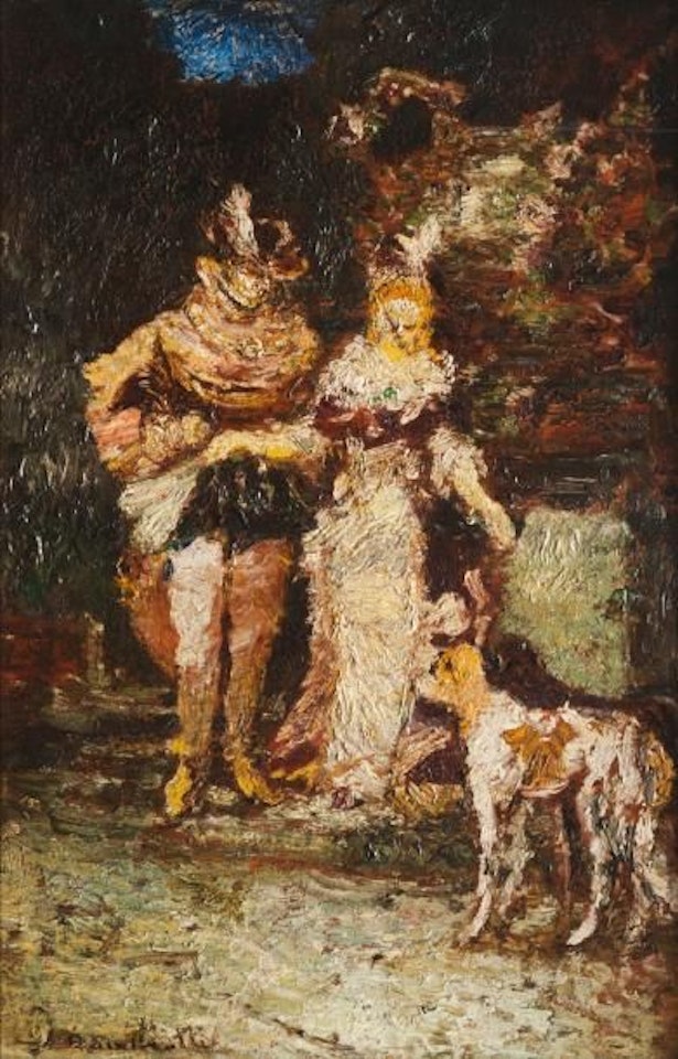 Gallant scene with a dog by Adolphe Monticelli