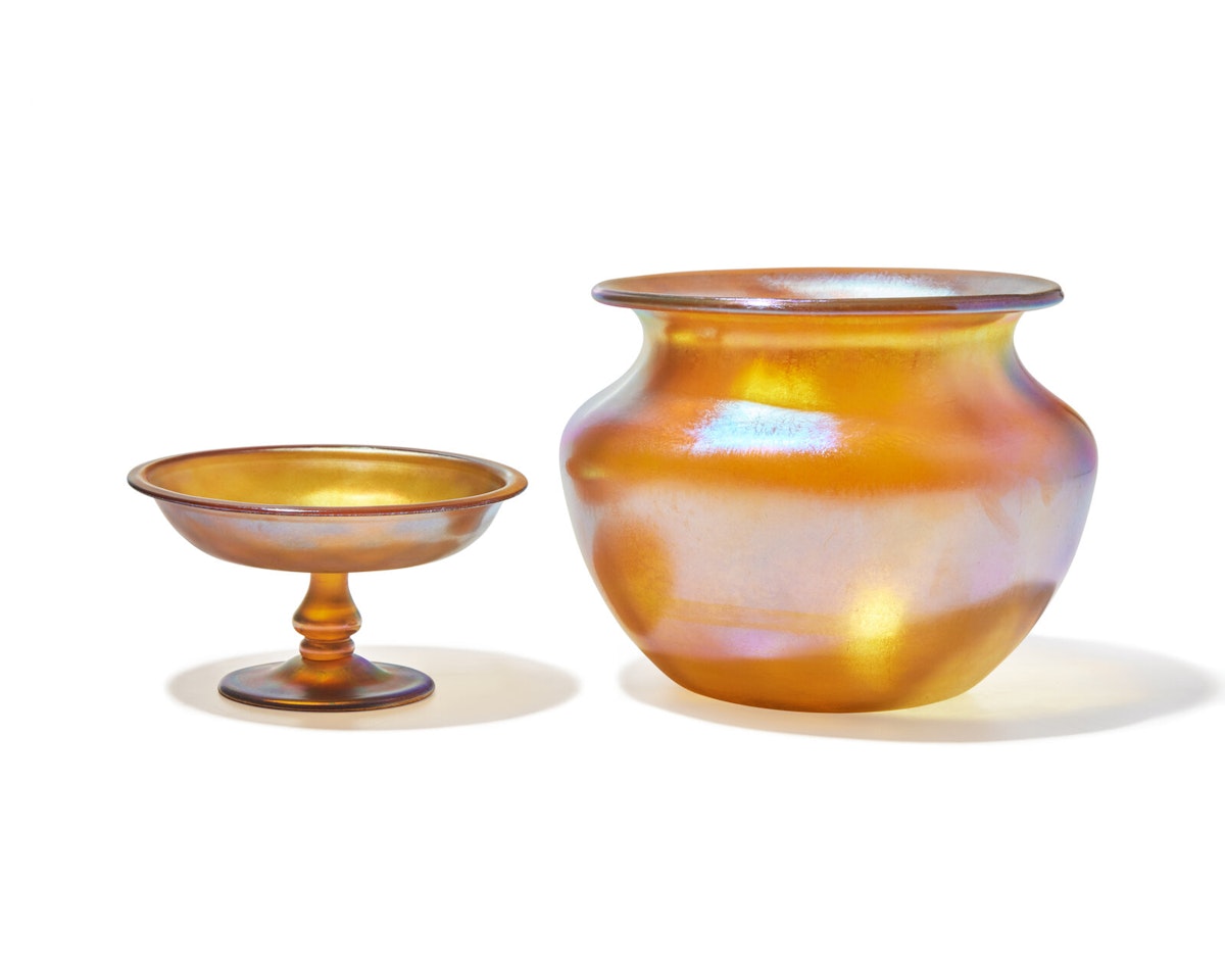 Gold Favrile glass vase and footed compote by Tiffany Studios