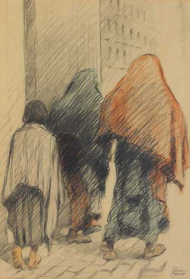 TWO WOMEN AND A GIRL ON A BELFAST STREET by William Conor