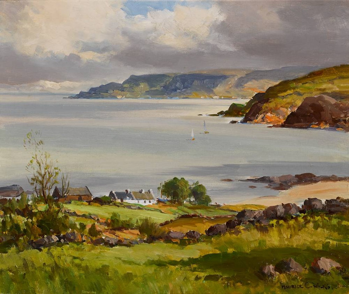 COASTAL SCENE WITH COTTAGES AND SAILBOATS by Maurice Canning Wilks