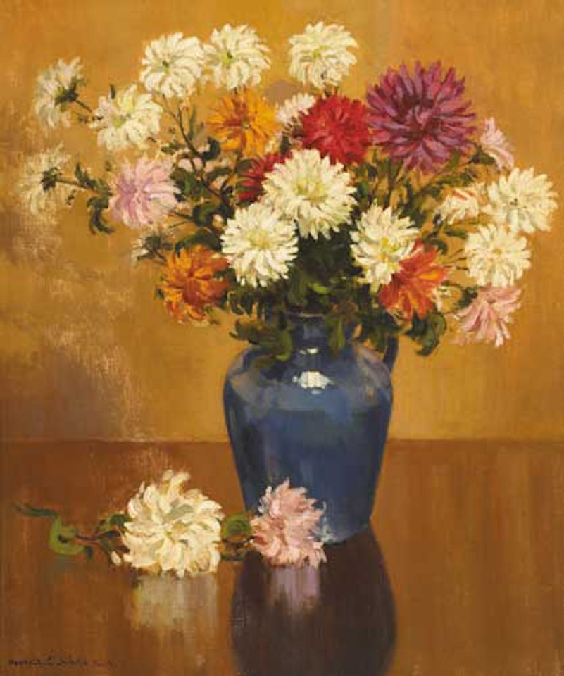 FLOWER PIECE (CHRYSANTHEMUMS IN A BLUE JUG) by Maurice Canning Wilks