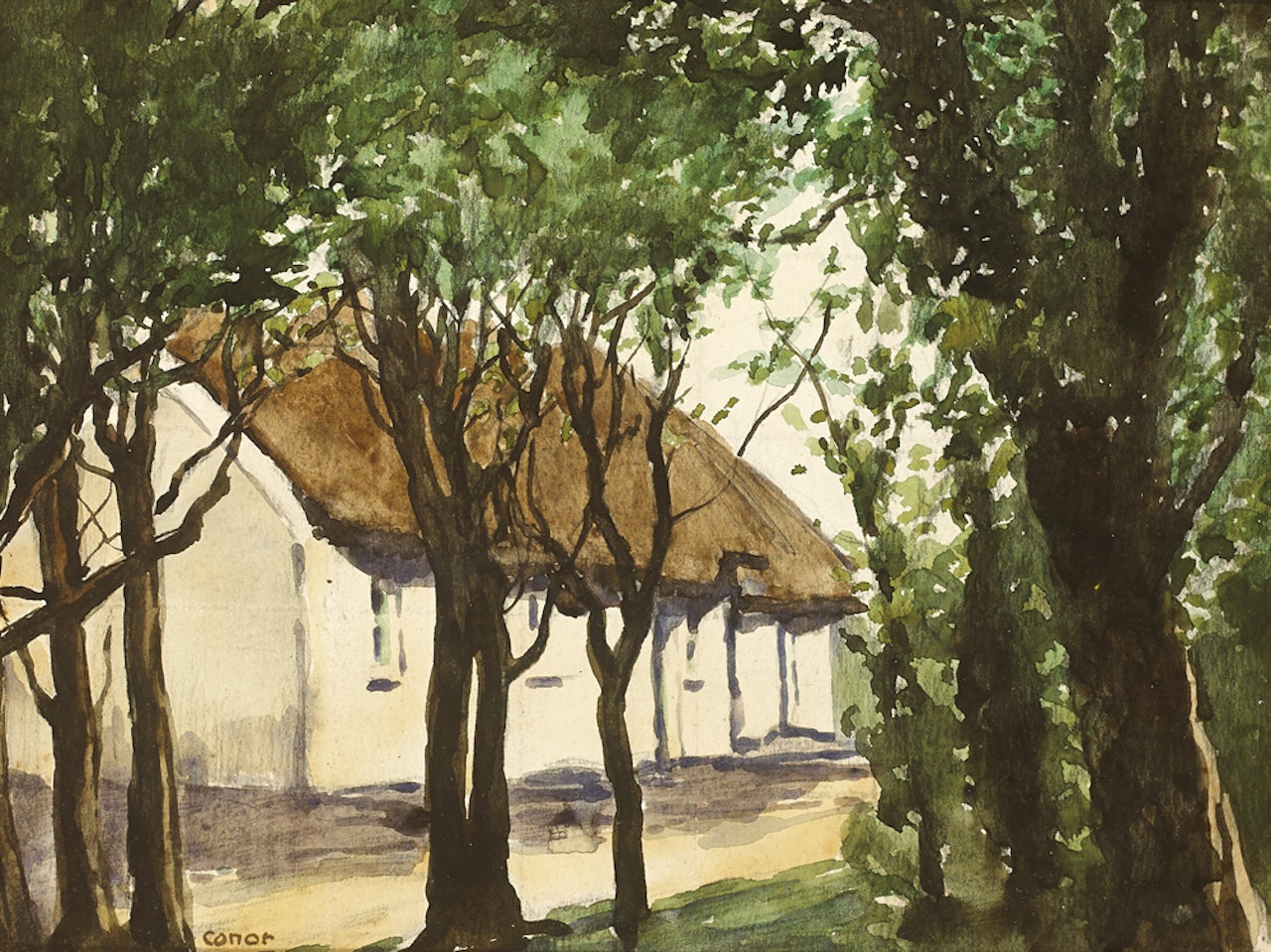 COTTAGE AND TREES by William Conor