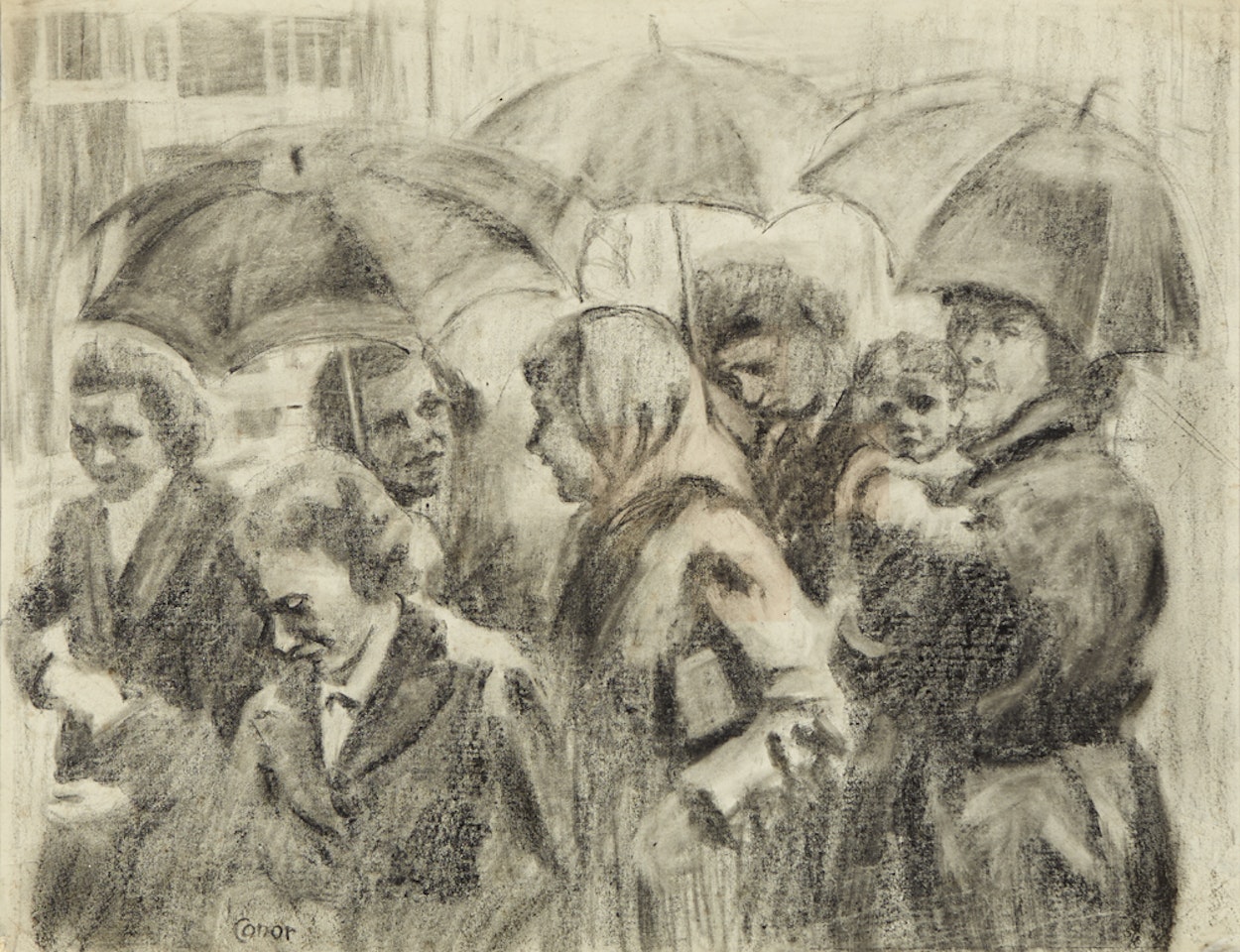 WOMEN WITH UMBRELLAS by William Conor