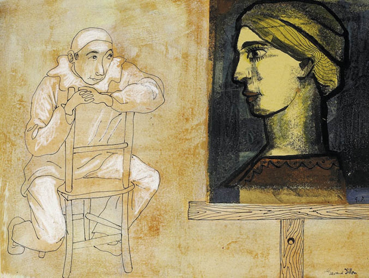 PIERROT WITH PAINTING OF A CLASSICAL BUST by Gerard Dillon