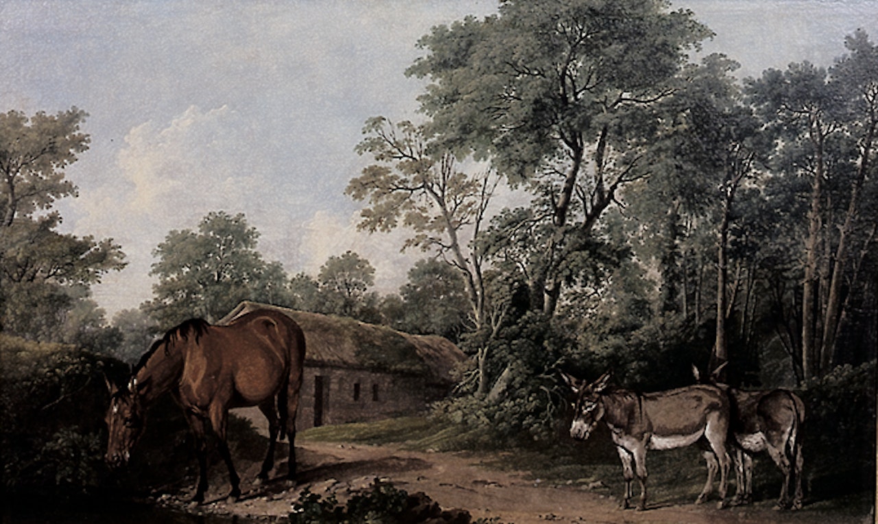 HORSES AND DONKEYS IN WOODED LANDSCAPE by Thomas Roberts