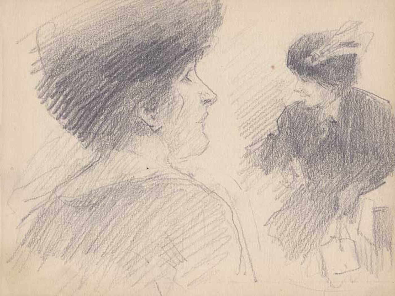 TWO STUDIES OF A LADY WITH ELEGANT HEADRESS, BROOCH AND PURSE by John Butler Yeats