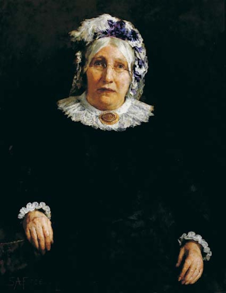PORTRAIT OF A LADY IN A BLACK DRESS AND WHITE LACE CAP by Stanhope Alexander Forbes