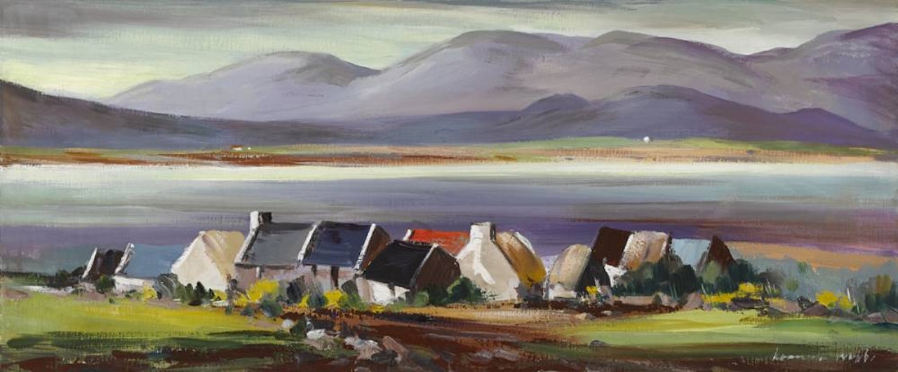 LANDSCAPE WITH COTTAGES AND MOUNTAINS IN THE DISTANCE by Kenneth Webb