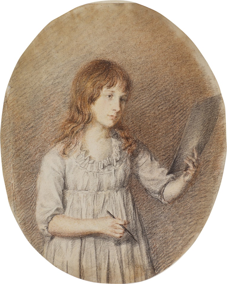 A girl holding a drawing and a pencil, possibly a self-portrait by English School