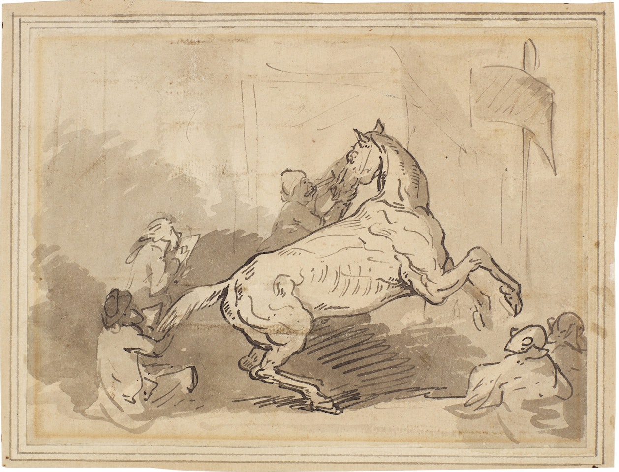Artists trying to sketch a rearing horse by Thomas Rowlandson