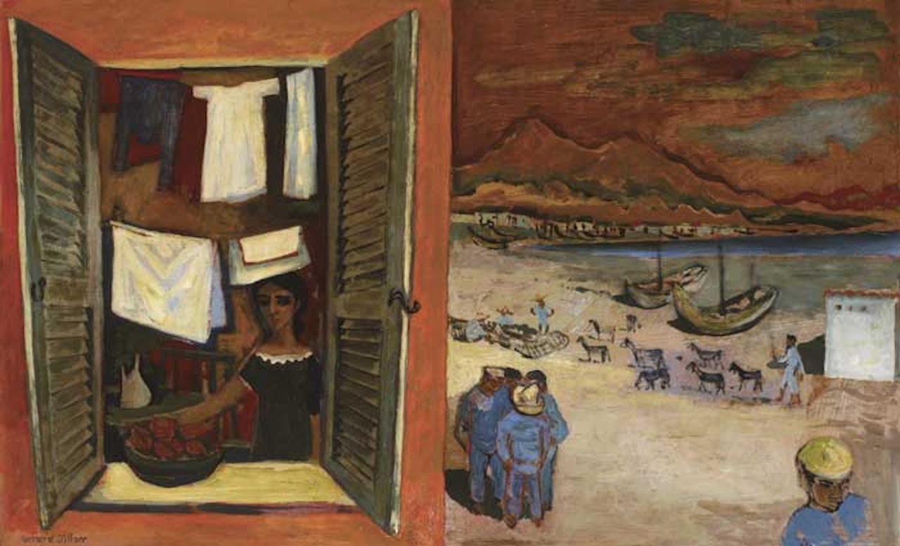 GIRL AT A WINDOW WITH FISHERMEN AND GOATS ALONG THE SHORE by Gerard Dillon