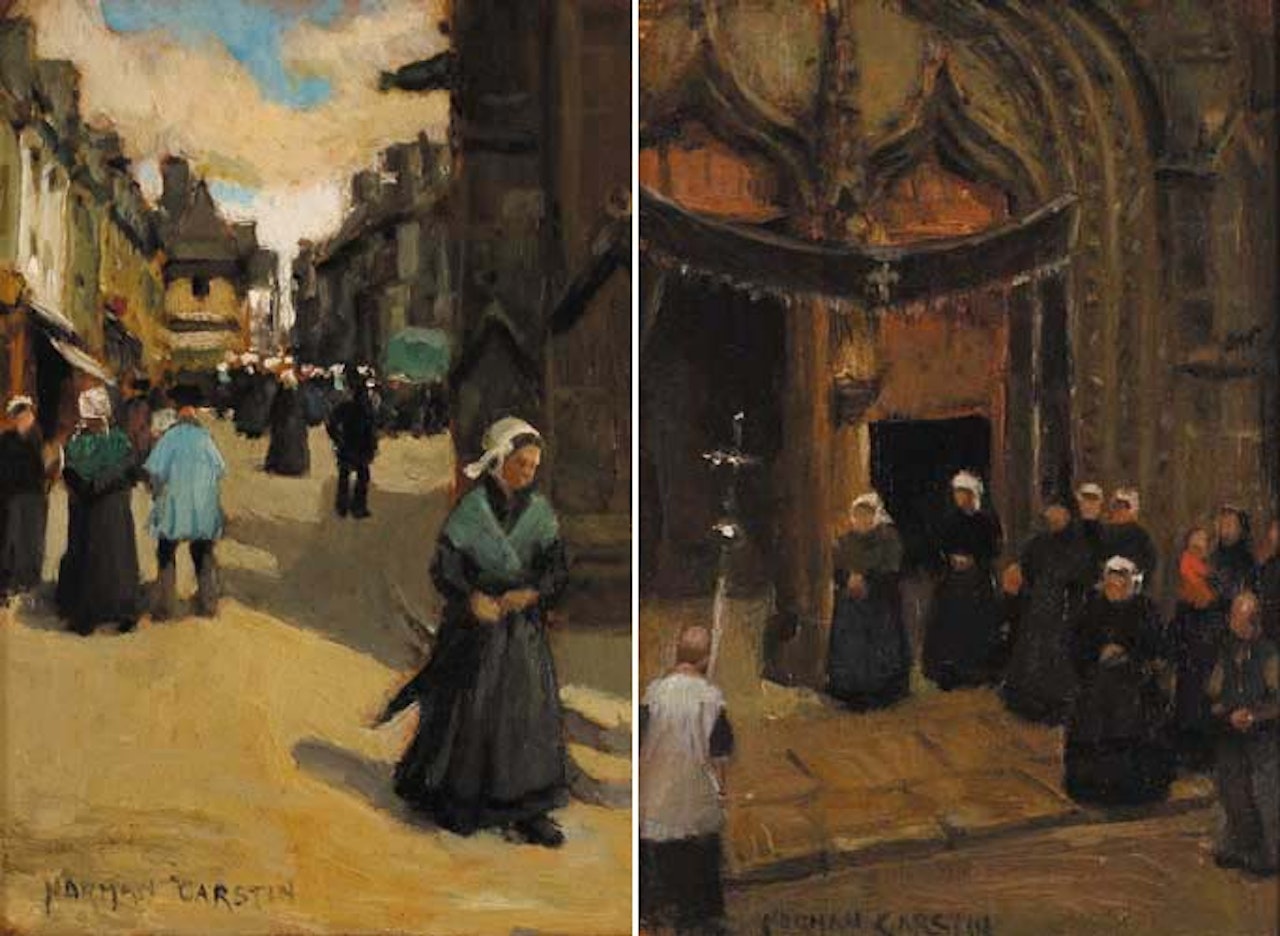 SATURDAY (JOSSELIN) and FACADE OF THE NOTRE DAME DU RONCIER, JOSSELIN; (A PAIR) by Norman Garstin