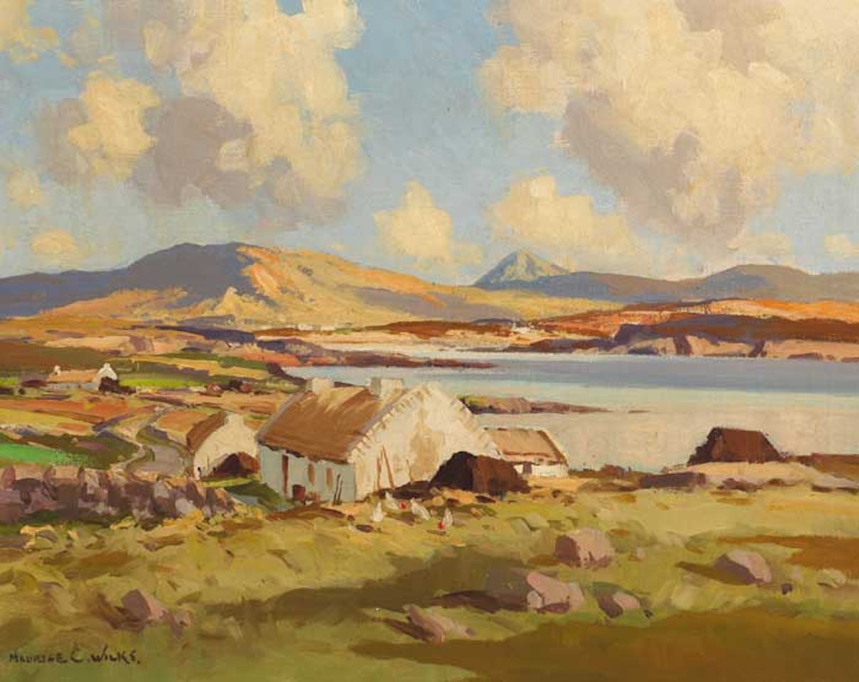 THATCHED COTTAGES AND FIELDS BY THE SEA by Maurice Canning Wilks