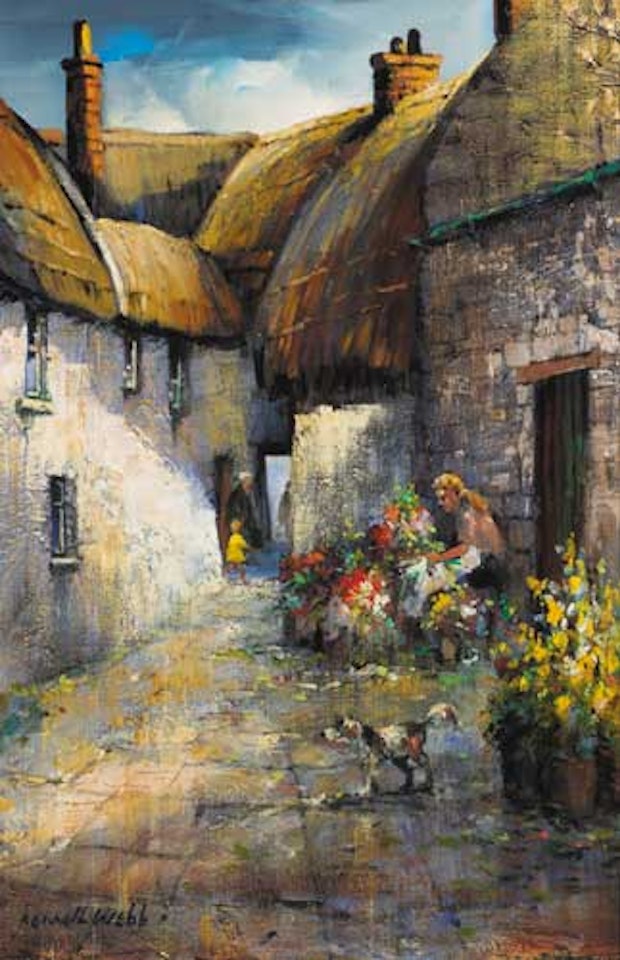 OLD GALWAY TOWN WITH FLOWER STALL by Kenneth Webb