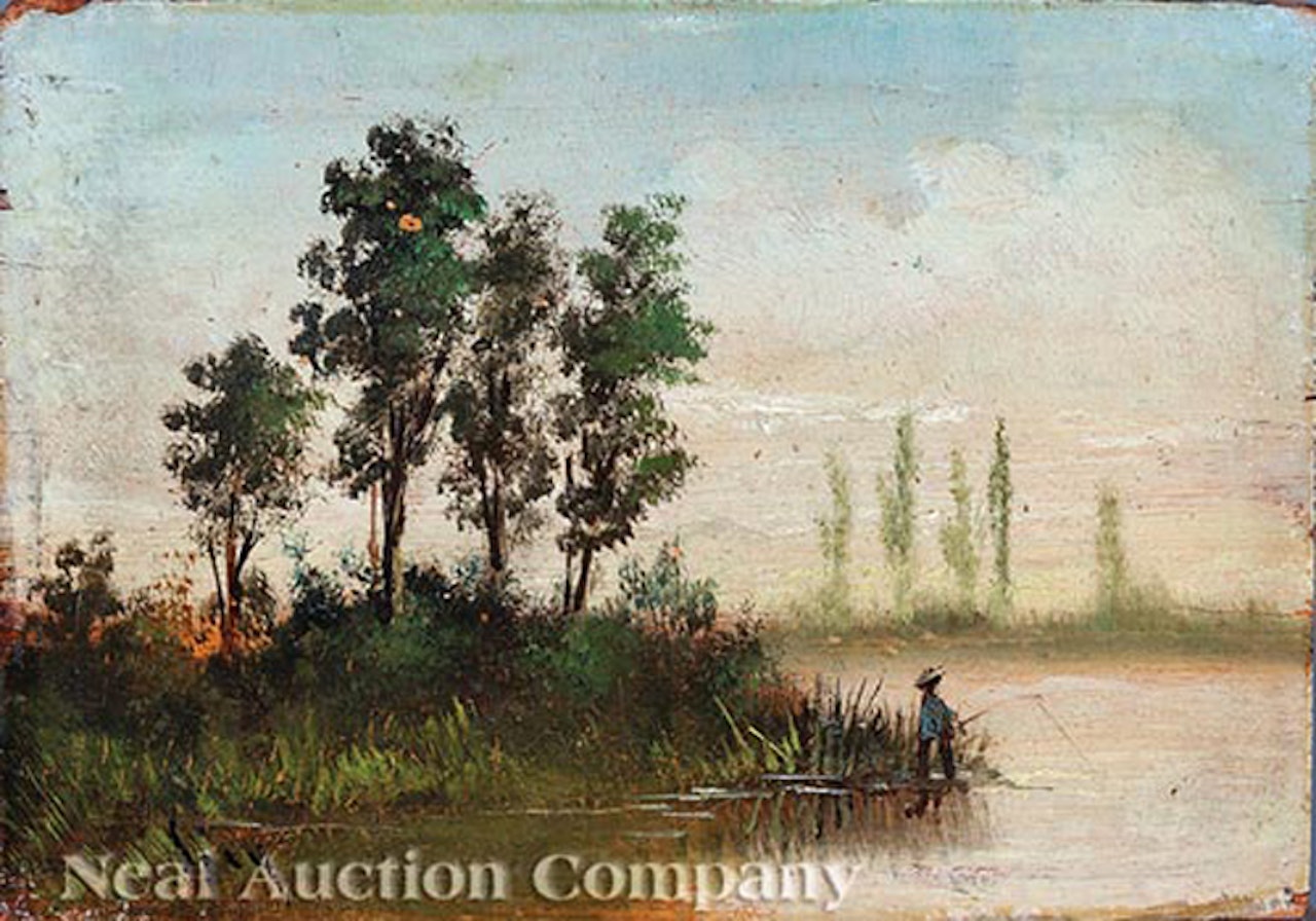"Fisherman by a Grove of Cypress Trees" by French School