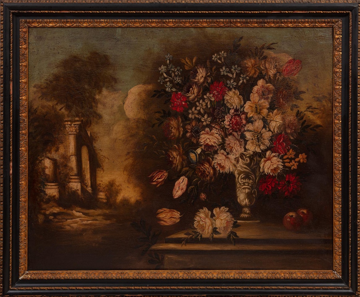 "Still Lifes of Flowers in Landscape with Distant Capriccio" by Continental School