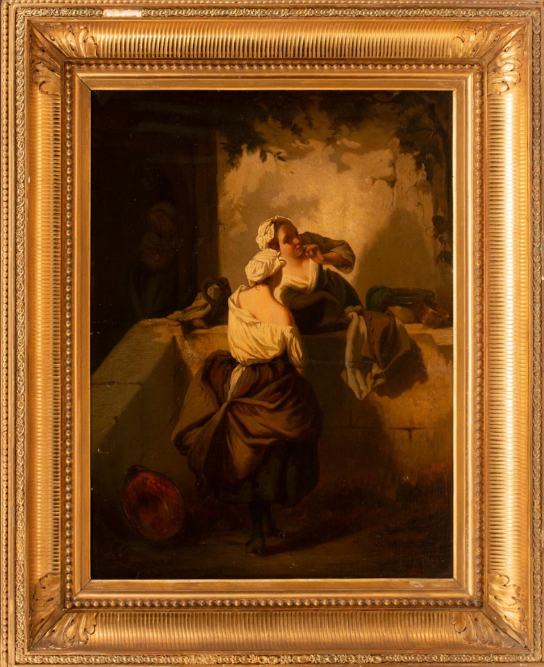 "Two Ladies Whispering Over a Wall" by Continental School