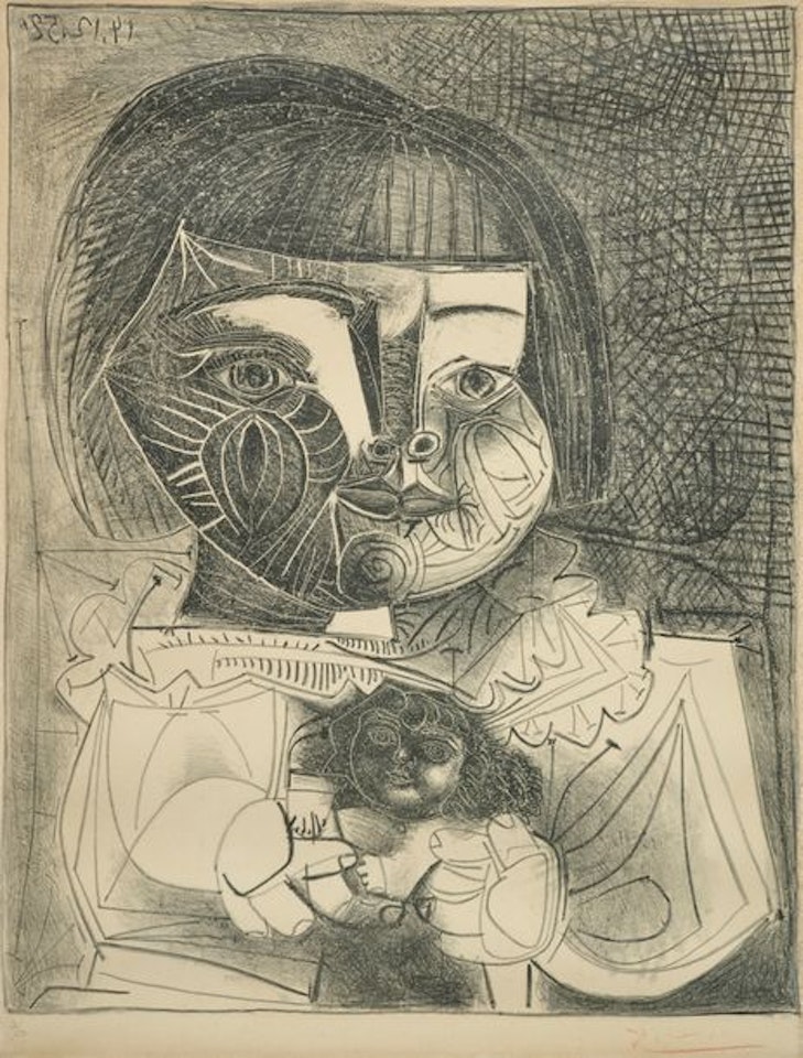 Paloma and her doll on a black background by Pablo Picasso