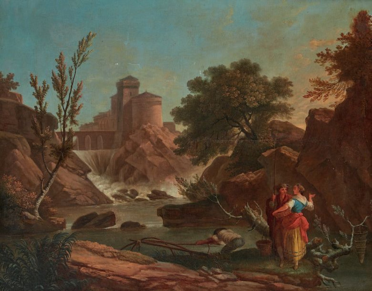 Fishermen near a waterfall by French School