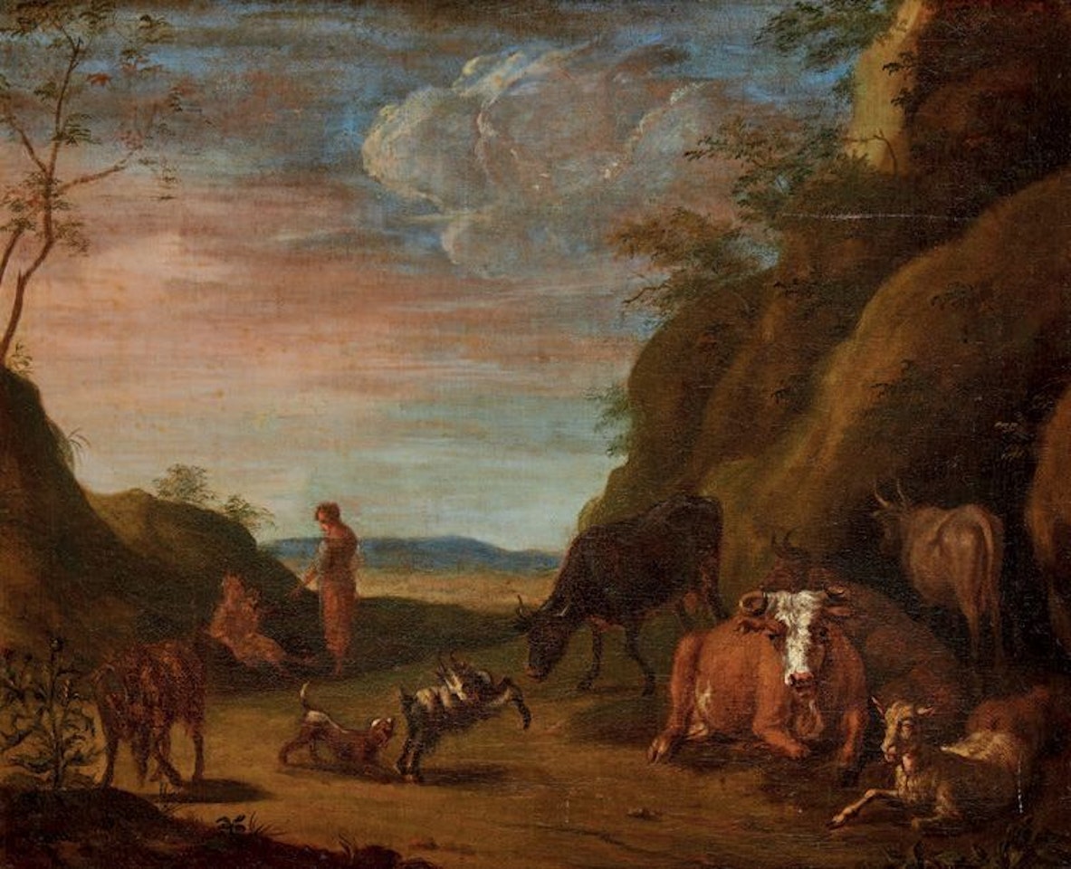 Flock and shepherds in a landscape by Dutch School