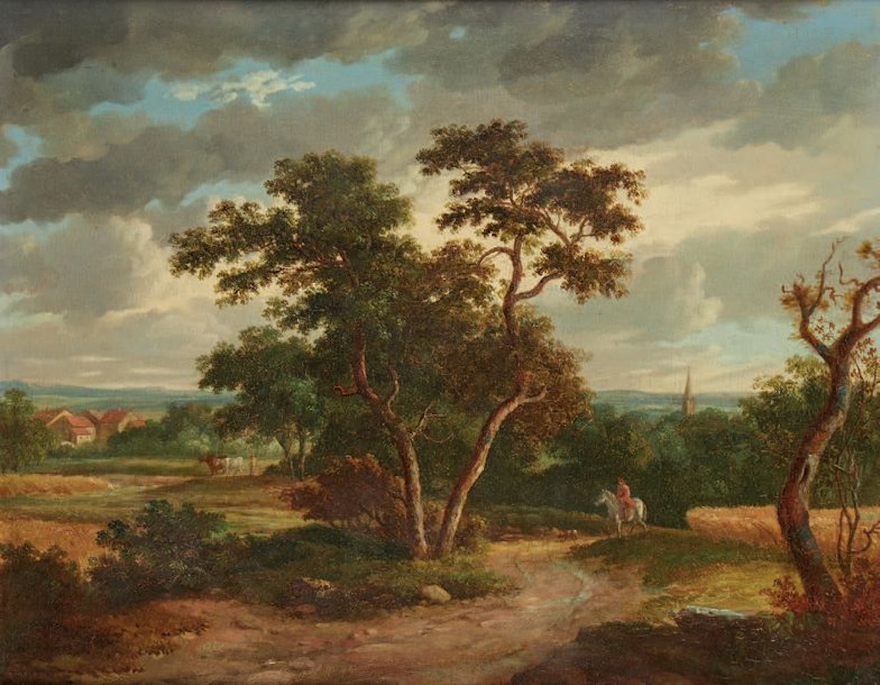 Rider in a landscape with tall trees by French School