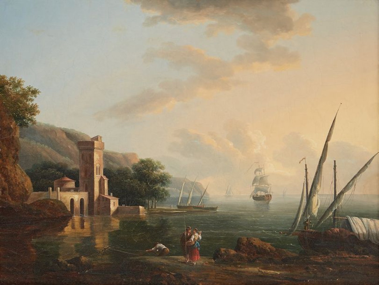Seen from a port to the fishermen and the lighthouse by French School