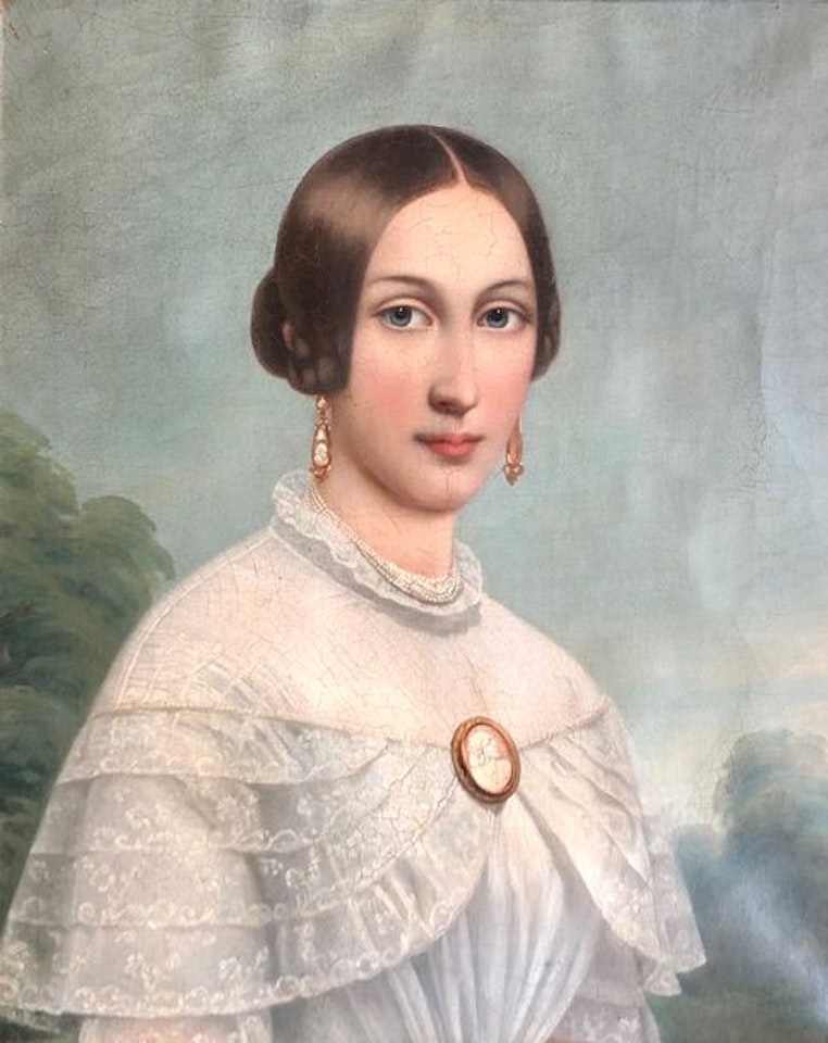 Portrait of a woman in a white dress by French School