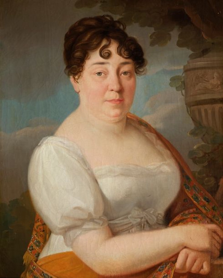 Portrait of a woman in a white dress by French School