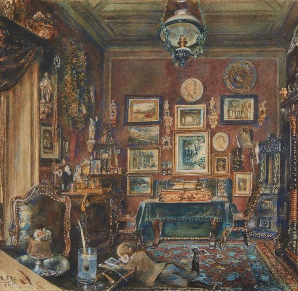 Young boy reading in a living room by French School