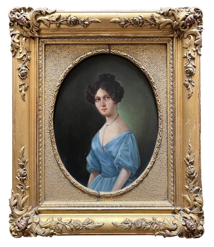 Portrait of a young woman in a blue dress by French School