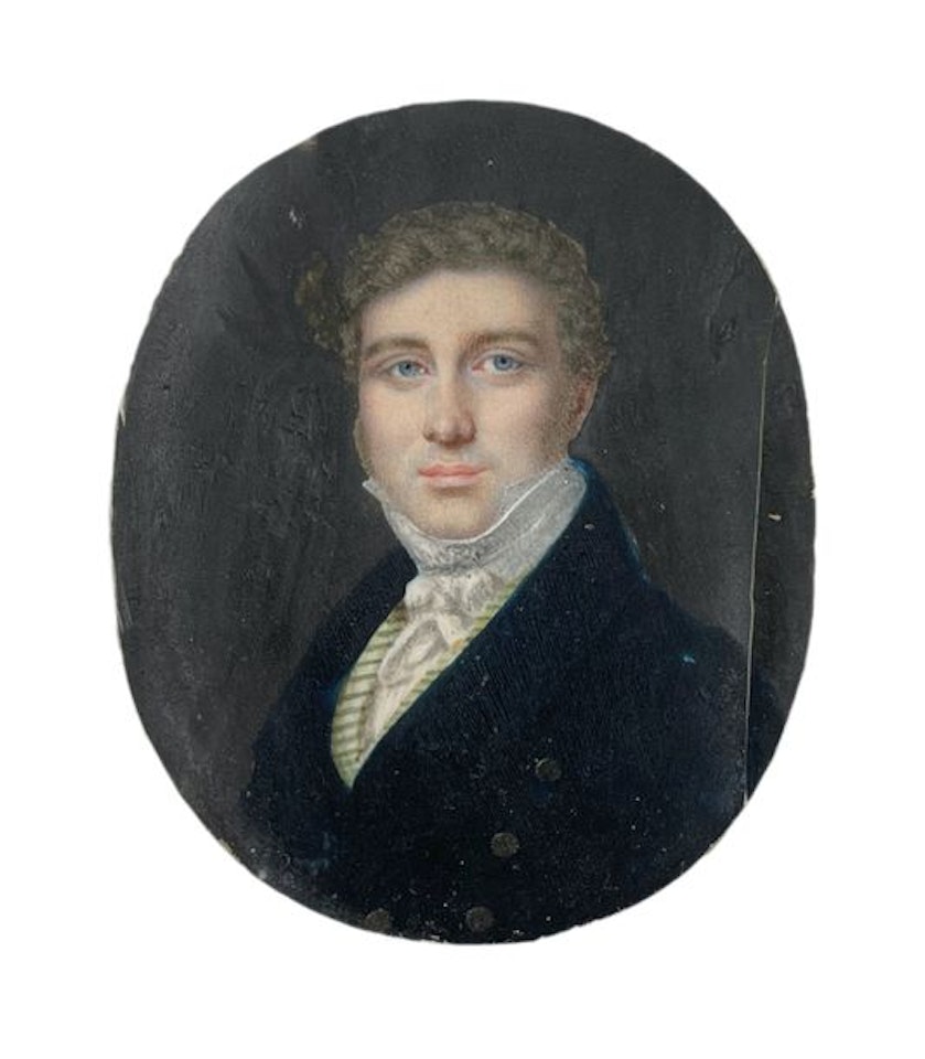 Portrait de jeune homme au gilet rayé vert et by French School