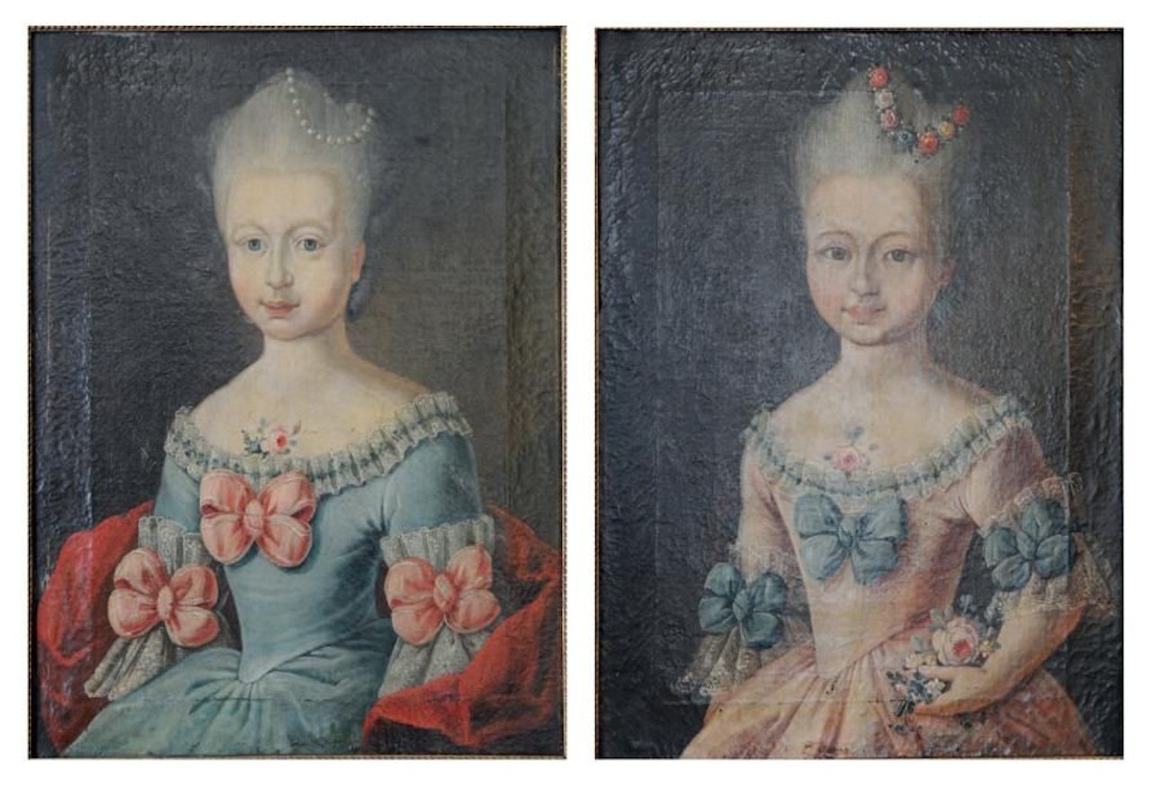 Pair of portraits of little girls in blue or pink bow dresses by German School