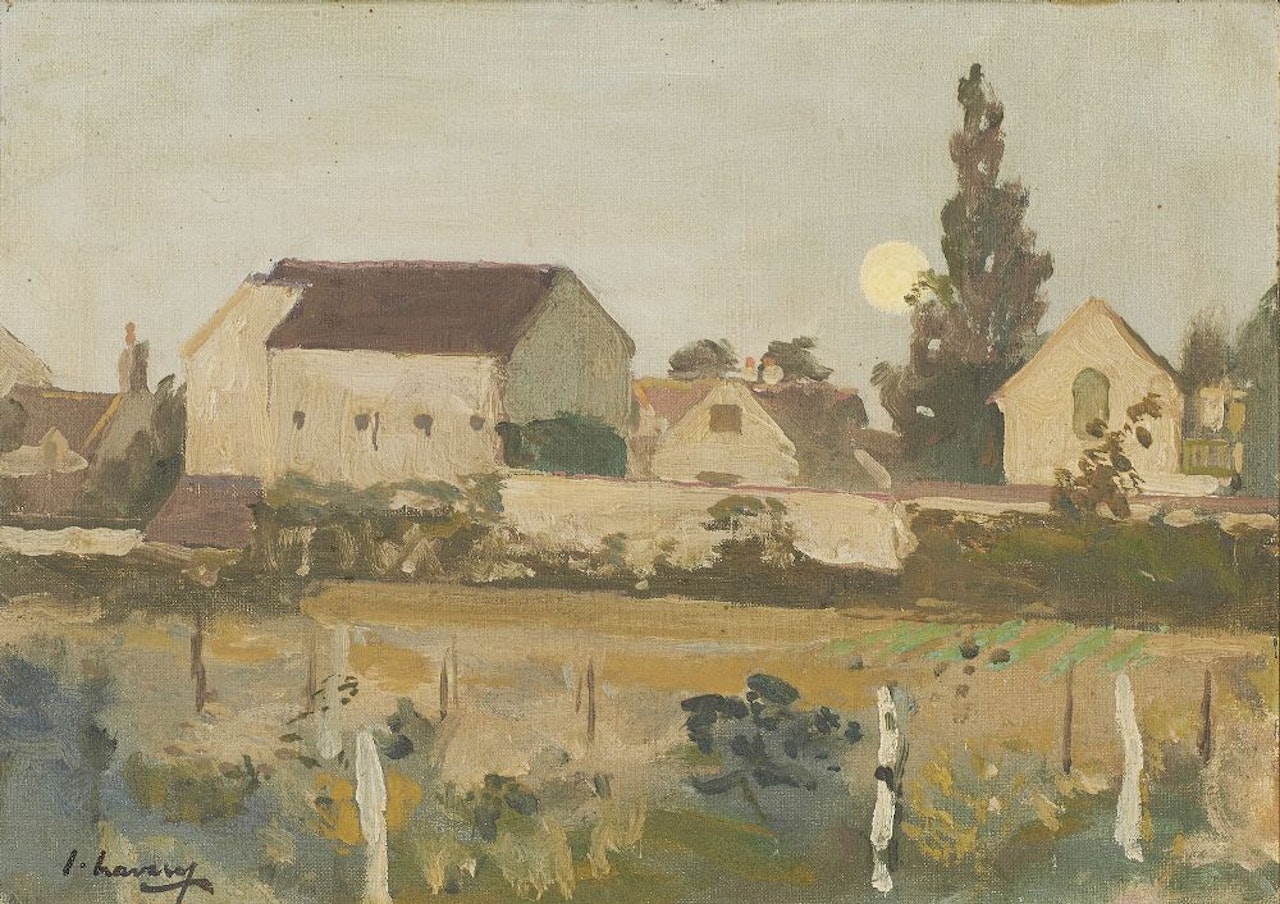 COTTAGES, BARBIZON BY MOONLIGHT by John Lavery