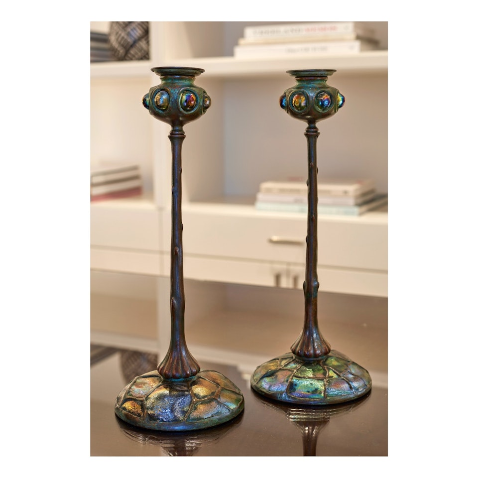 Pair of Jeweled "Turtle Back" Candlesticks by Tiffany Studios
